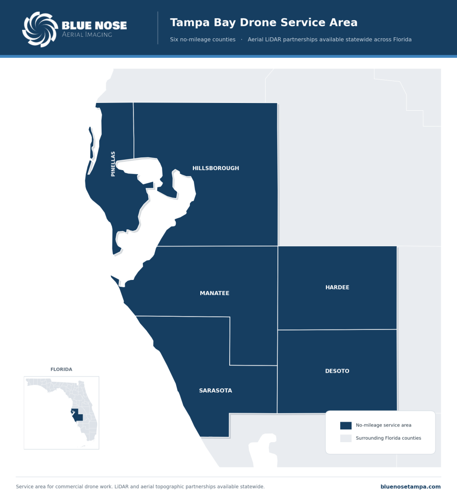 Blue Nose Aerial Imaging of Tampa Bay commercial roof inspection service area across six Florida counties